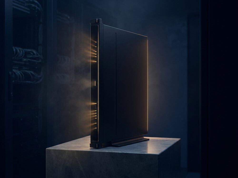 A sealed AI appliance standing alone in a dark room