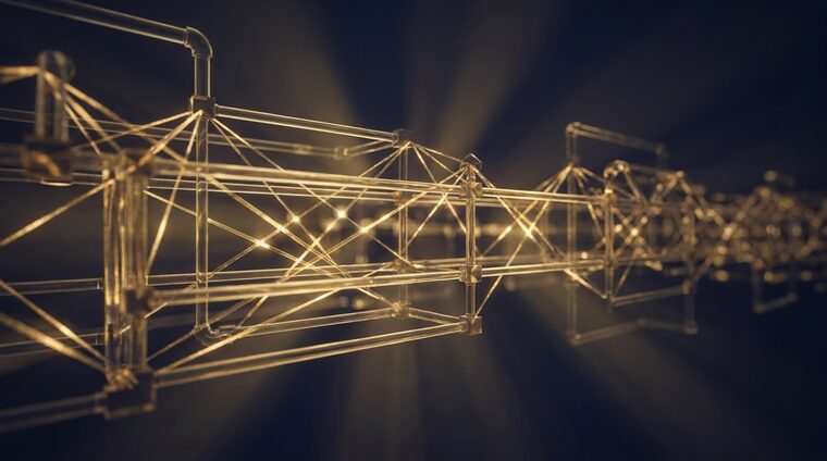 Connected data pipelines rendered in gold light